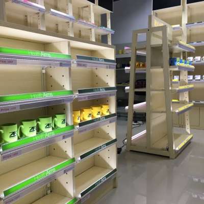 Chain store Modern wooden supermarket shelves with LED shelf lighting